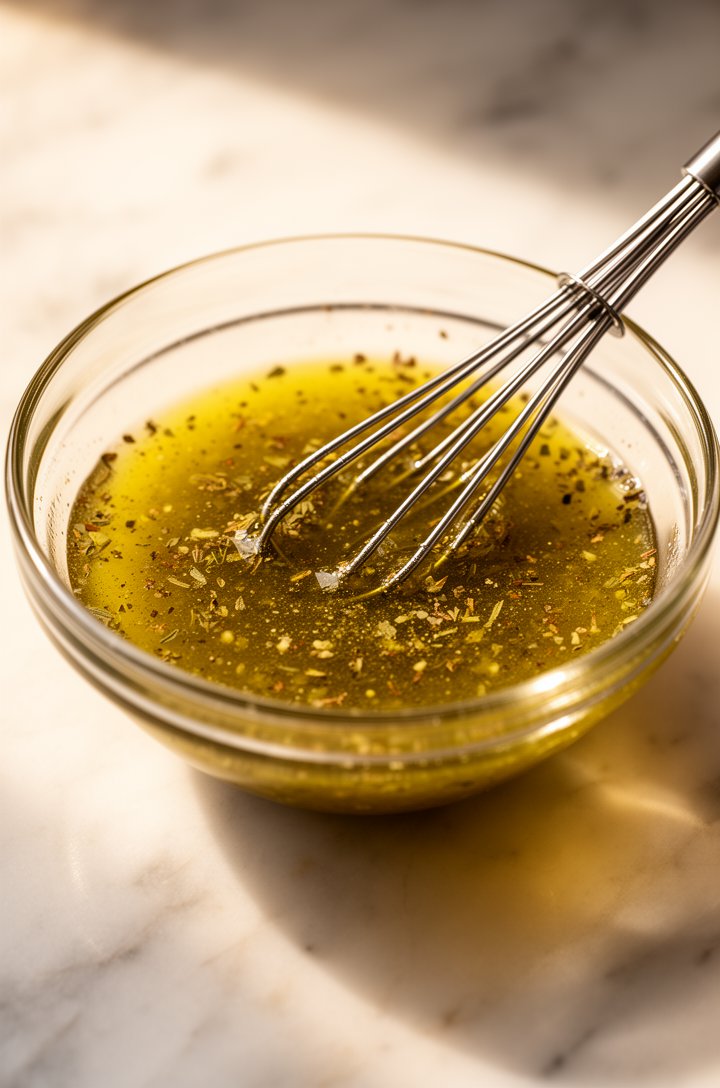 Close-up at 45-degree angle of a small glass bowl with freshly whisked Greek dressing — golden-green olive oil emulsified with red wine vinegar, visible flecks of dried oregano and garlic powder suspe