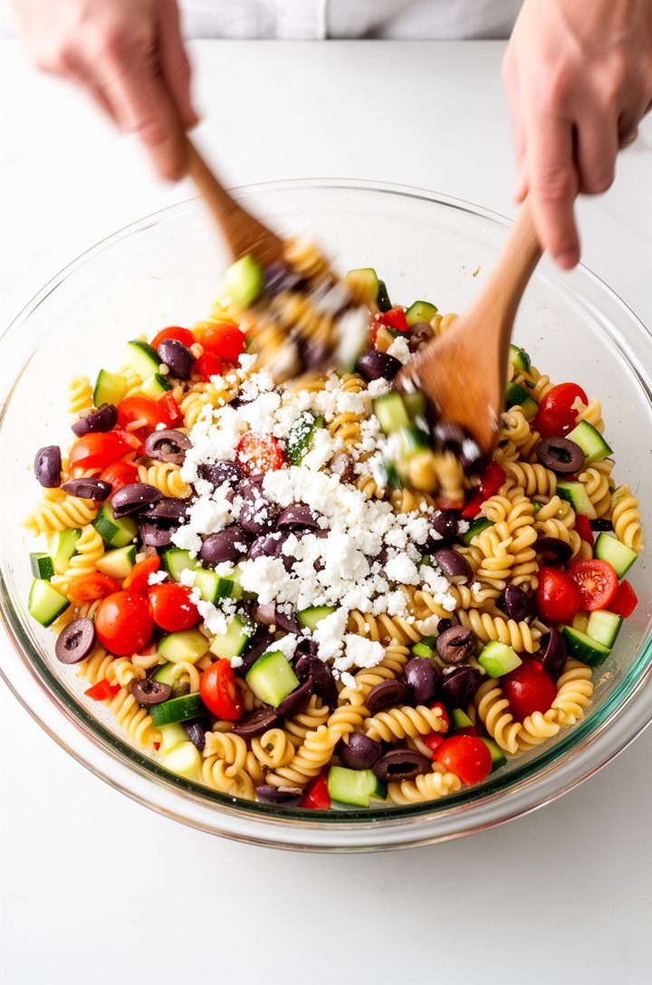 Action shot from slightly above showing hands tossing Greek pasta salad in a large clear glass mixing bowl with wooden serving utensils — golden rotini coated in glistening dressing, bright red cherry