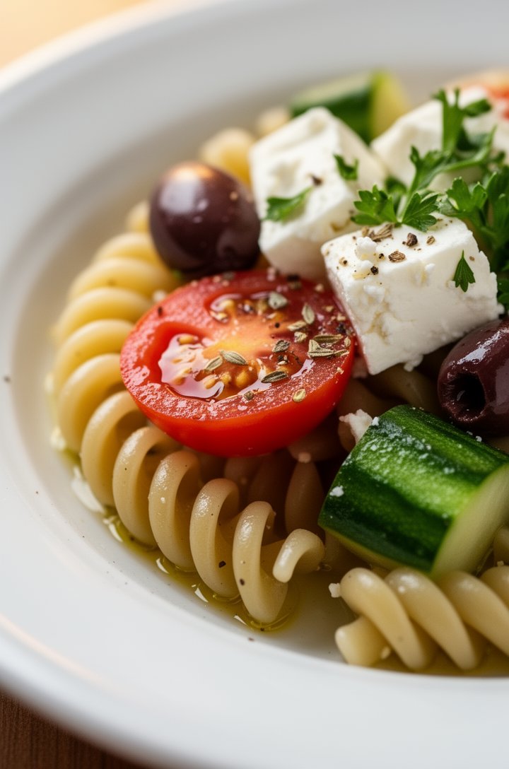 Extreme close-up macro shot of a single serving of Greek pasta salad on a white ceramic plate, camera 6 inches away and angled at 30 degrees. Individual rotini spirals glistening with oil, a halved ch