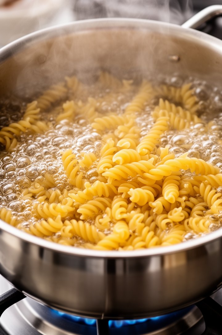 Overhead shot of a large pot of boiling salted water with golden rotini pasta tumbling in, bubbles rising around the pasta spirals, steam rising from the surface, stainless steel pot on a gas burner with blue flame barely visible, bright kitchen lighting from above