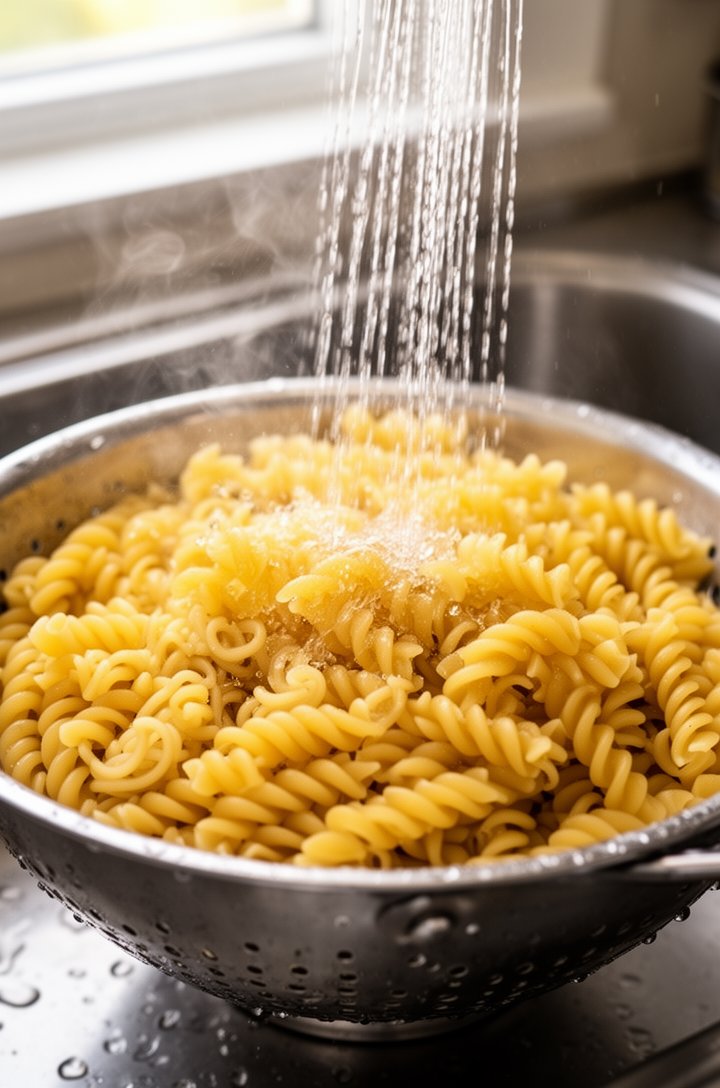 Close-up of a colander in a stainless steel sink with cooked rotini pasta being rinsed under a stream of cold water, water cascading over the golden pasta spirals, some steam still rising, droplets splashing, bright natural lighting from a nearby window