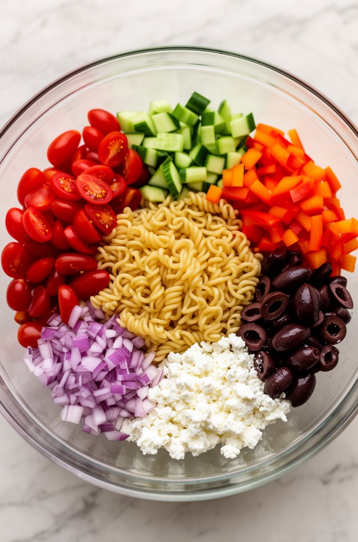 Overhead flat-lay of a large glass mixing bowl with cooled rotini pasta in the center, surrounded by neat piles of prepped vegetables added on top — bright red halved cherry tomatoes, green diced cucumber, orange-red diced bell pepper, dark purple sliced kalamata olives, finely diced purple-red onion, and white crumbled feta, all arranged in distinct sections before tossing, light marble countertop background, natural lighting