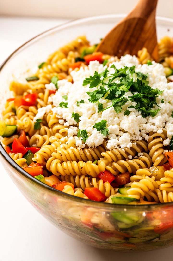 Close-up 45-degree angle of the finished Greek pasta salad in a large glass bowl after tossing, every rotini spiral coated in glistening Greek dressing, vegetables evenly distributed throughout, crumbled feta on top with chopped fresh parsley garnish, a wooden serving spoon resting against the bowl edge, warm natural side lighting, clean white surface, vibrant saturated colors