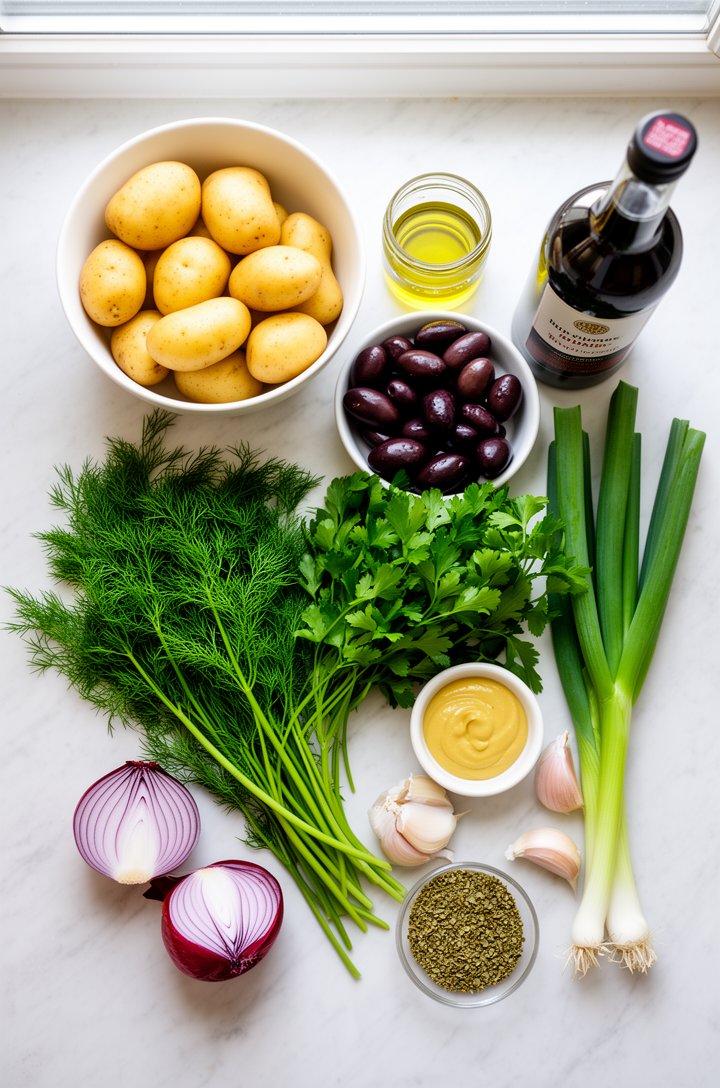 Overhead flat-lay of recipe ingredients arranged on a light marble countertop — a bowl of small golden yellow potatoes, a small glass jar of olive oil, a dish of halved dark Kalamata olives, a pile of