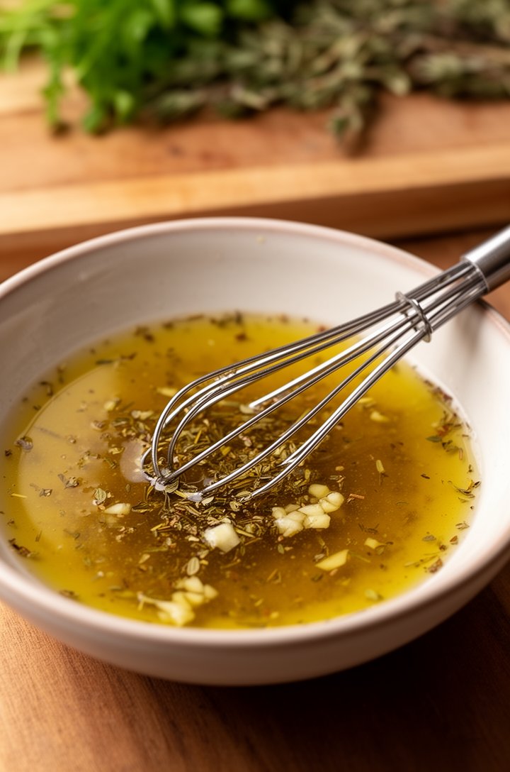 Close-up 45-degree angle shot of a small bowl containing the freshly whisked vinaigrette — golden olive oil emulsified with red wine vinegar creating a slightly cloudy amber dressing, visible flecks o