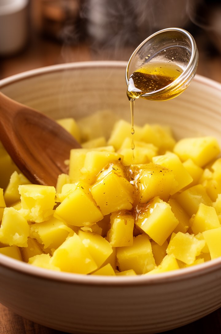 Side-angle close-up of warm cubed yellow potatoes in a large ceramic mixing bowl being dressed with vinaigrette poured from a small glass bowl, the golden dressing glistening on the potato surfaces, s