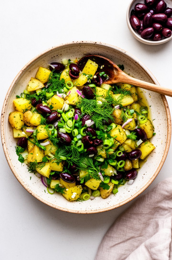 Overhead shot of the finished Greek potato salad in a wide shallow ceramic bowl with a natural speckled rim and a rustic wooden serving spoon, golden potato cubes coated in herb-flecked vinaigrette to