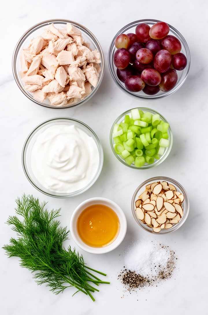 Overhead flat-lay of all ingredients arranged on a white marble surface in small glass and ceramic bowls — a bowl of diced cooked chicken breast, a bowl of halved red grapes, diced celery in a small d