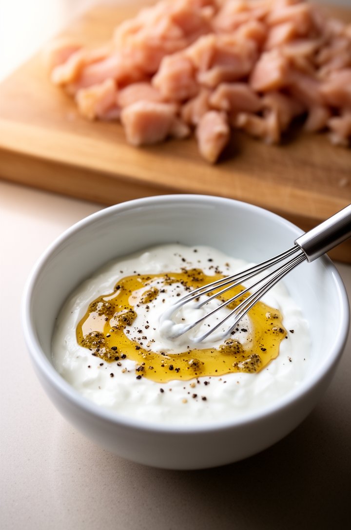 Close-up 45-degree angle shot of a small white bowl containing the yogurt dressing being whisked together — creamy white Greek yogurt mixed with a golden streak of honey, speckled with black pepper an