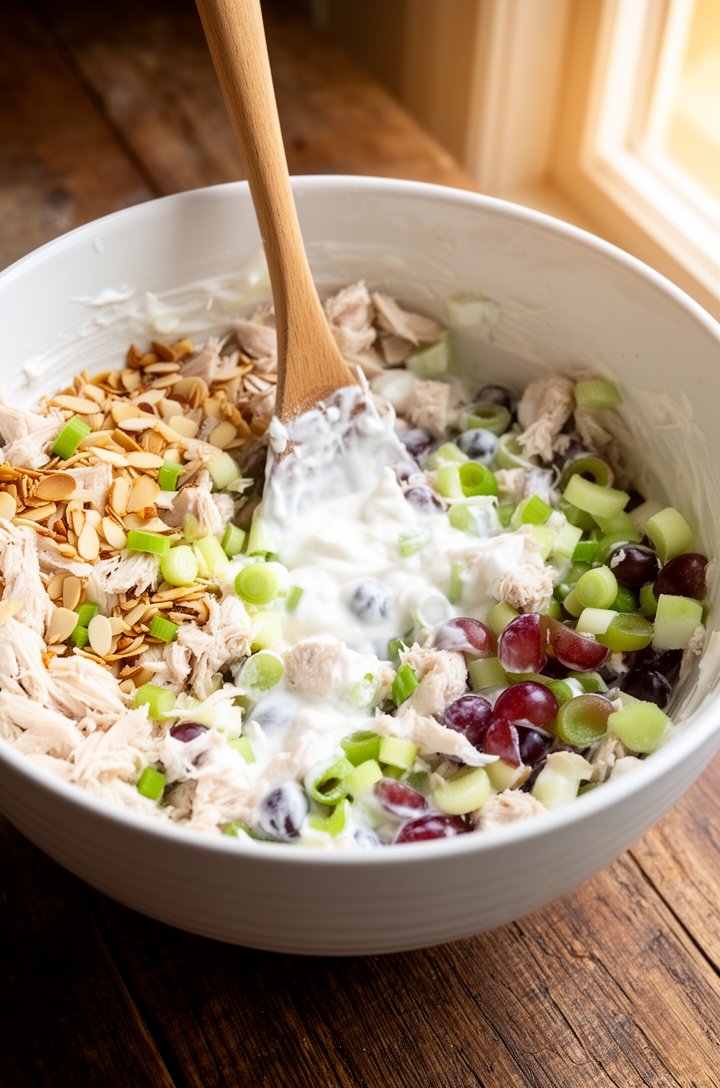 Action shot from a 30-degree angle of the chicken salad being tossed together in a large white ceramic mixing bowl — a wooden spoon folding creamy yogurt dressing into chunky pieces of chicken, halved