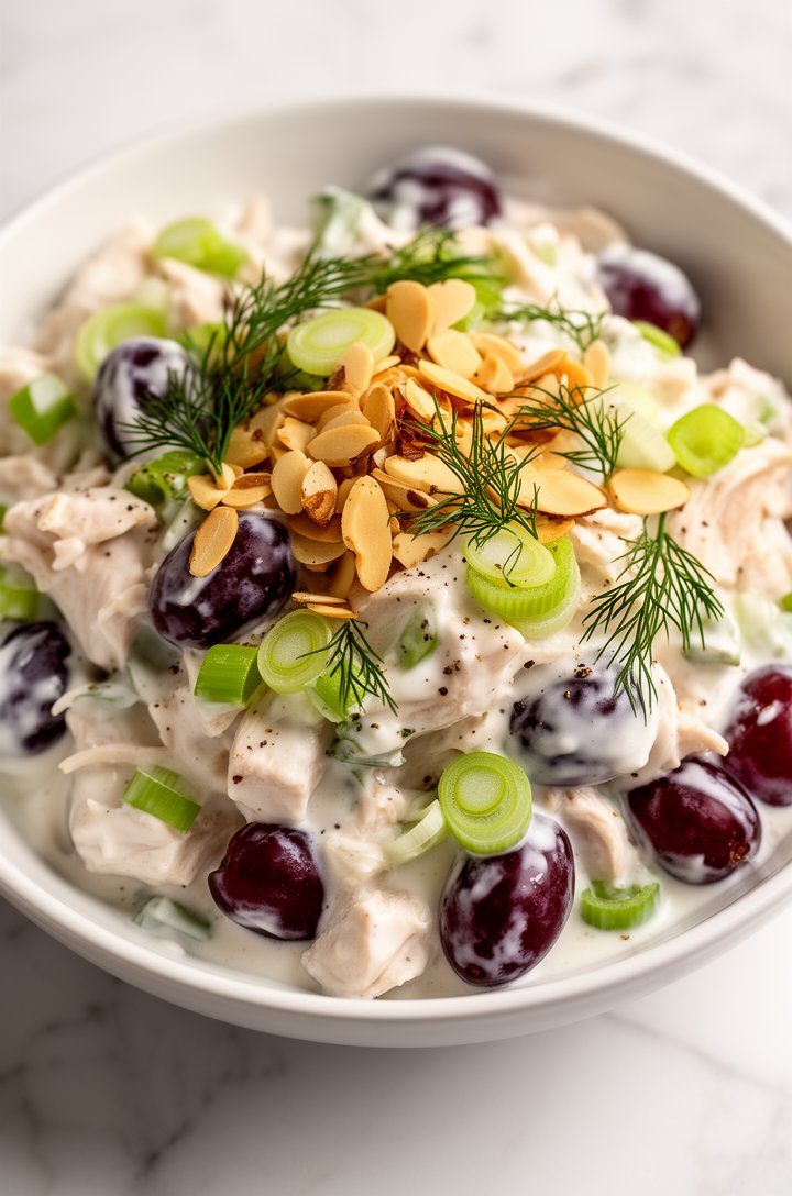 Extreme close-up macro shot of the finished Greek yogurt chicken salad served in a round white bowl on a white marble surface, shot from 10 inches away at a slight overhead angle. Glistening chunks of