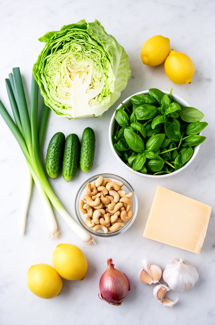 Overhead flat-lay of green goddess salad ingredients arranged on a white marble surface — a halved green cabbage, three small Persian cucumbers, a bundle of green onions, a bowl of bright green basil 
