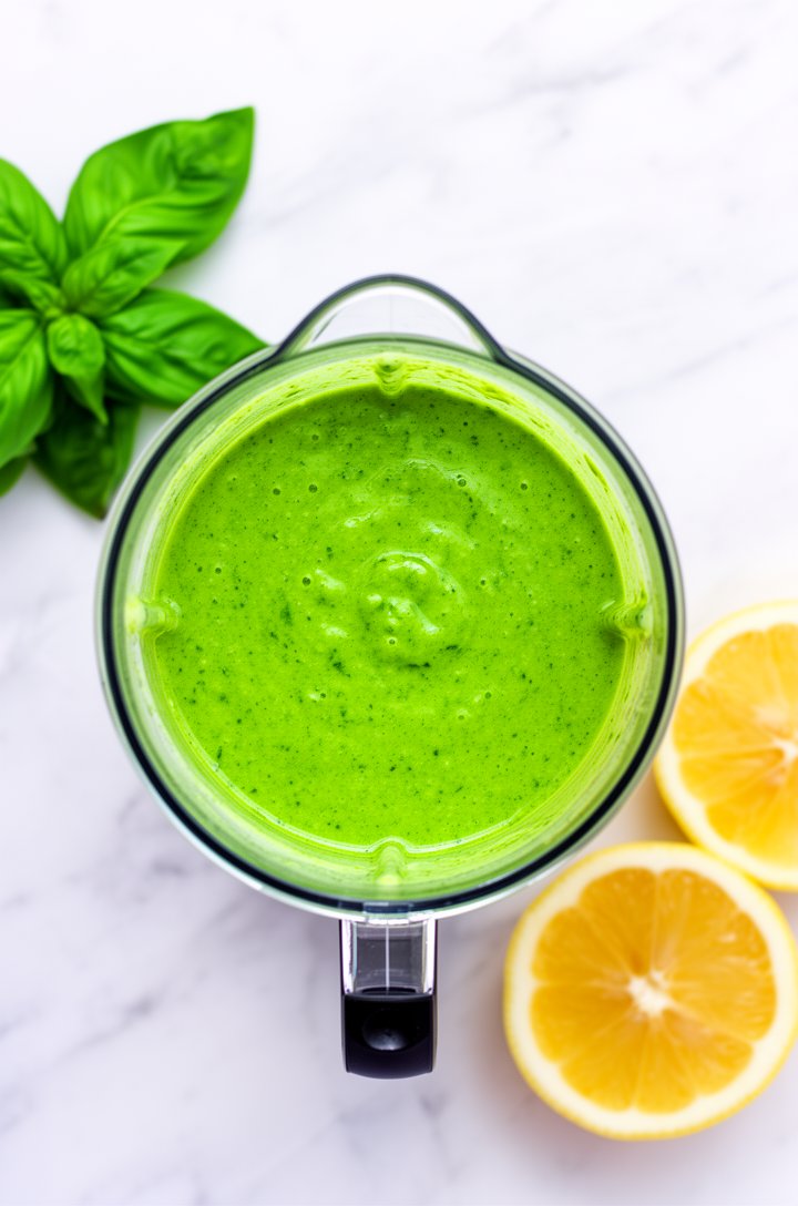 Overhead close-up of a blender jar filled with bright vivid green goddess dressing, smooth and creamy texture visible, vibrant herbaceous green color. Fresh basil leaves and a lemon half placed beside