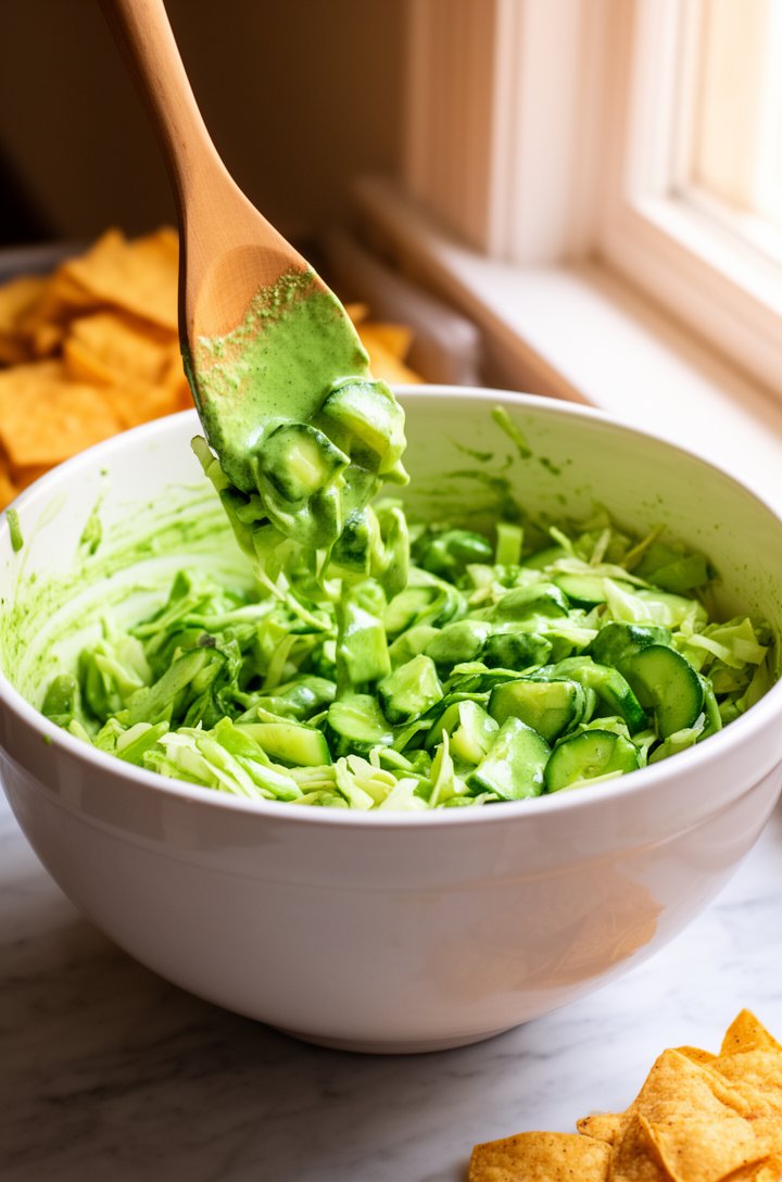 Three-quarter angle shot of the finished green goddess salad being tossed in a large white ceramic mixing bowl, a wooden spoon mid-motion lifting dressing-coated cabbage and cucumber pieces. The brigh