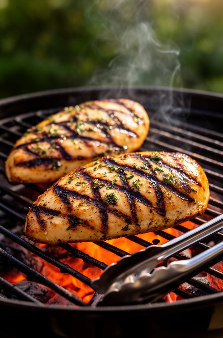 Close-up 45-degree angle shot of two seasoned chicken breasts on a hot grill grate with visible orange-glowing coals underneath. Beautiful dark grill marks forming in a crosshatch pattern on the golde