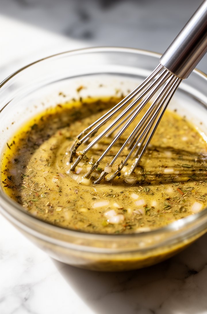 Extreme close-up macro shot of golden herb vinaigrette being whisked in a glass bowl, showing the creamy emulsified texture with visible flecks of dried herbs (oregano, parsley), tiny minced shallot p