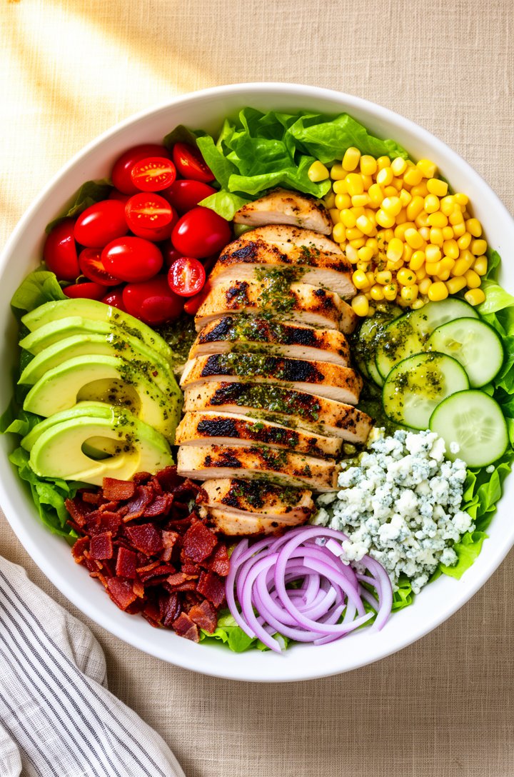 Overhead close-up shot of the assembled grilled chicken salad in a large white ceramic bowl on a beige linen surface. Sliced grilled chicken with dark grill marks arranged in a fan across the center o