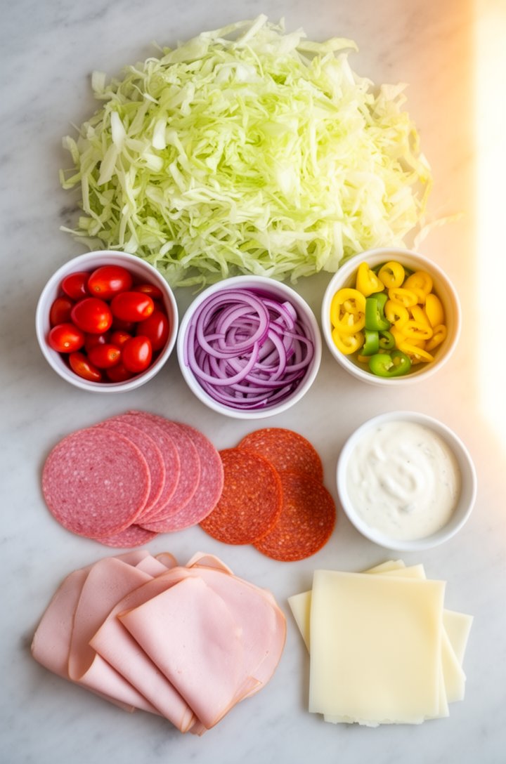 Overhead flat-lay of grinder salad ingredients arranged in neat groups on a light marble surface: a pile of finely shredded pale green iceberg lettuce, small bowls of halved bright red cherry tomatoes