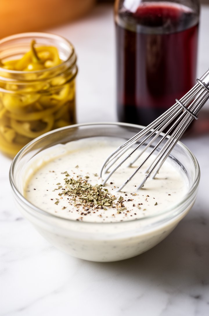 Close-up 45-degree angle shot of creamy white dressing being whisked in a small glass bowl, visible flecks of dried oregano and black pepper throughout the smooth dressing, a small jar of banana peppe