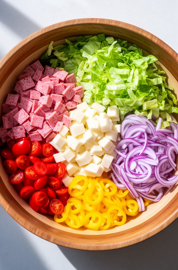 Overhead shot of a large wooden-rimmed ceramic bowl filled with all the chopped grinder salad ingredients before dressing is added, visible layers of shredded green iceberg lettuce, pink salami square