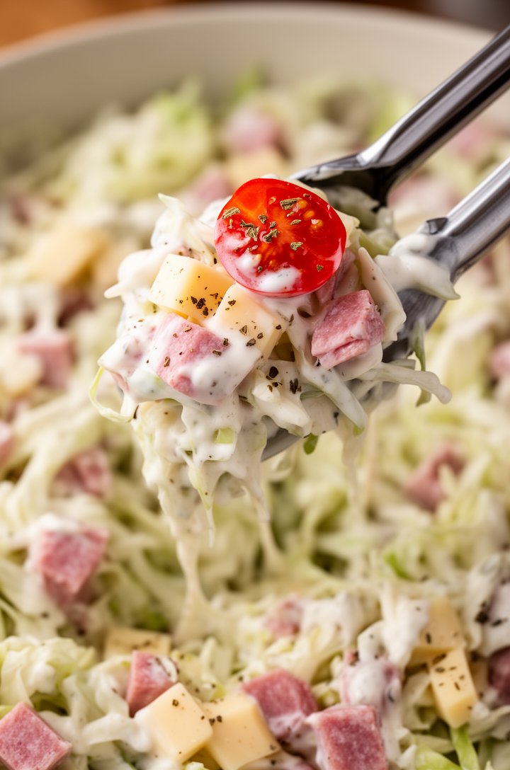Extreme close-up macro shot of metal tongs lifting a generous portion of dressed grinder salad from a large bowl, creamy white dressing clinging to shredded lettuce and visible chunks of pink salami, 
