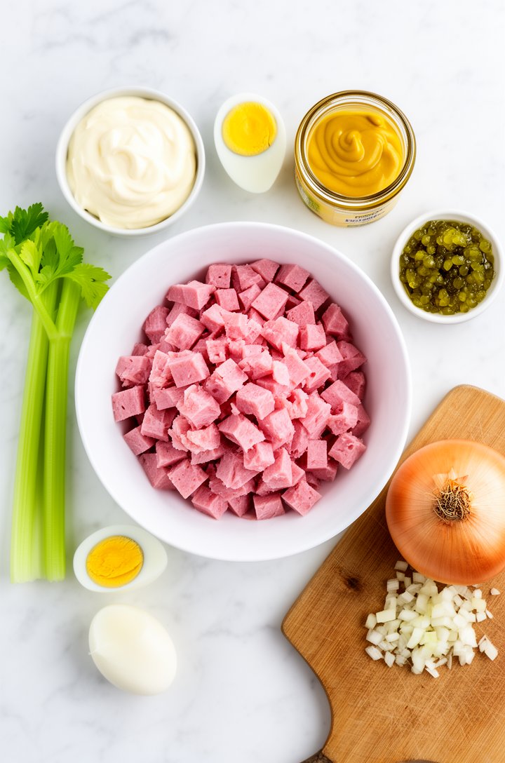 Overhead flat-lay of ham salad ingredients arranged on a white marble countertop — a large white bowl of rough-cut pink ham cubes in the center, surrounded by a small bowl of creamy white mayonnaise, 