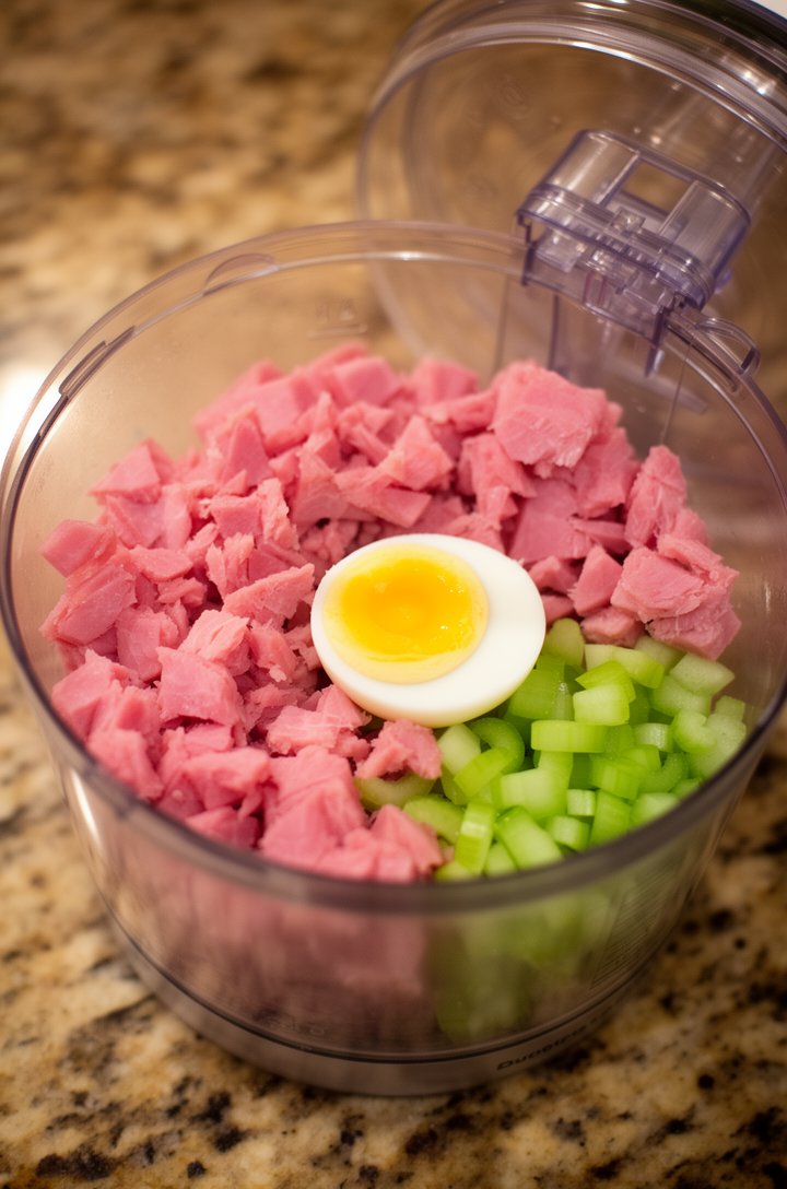 Close-up 45-degree angle shot of a food processor bowl filled with roughly chopped pink ham pieces, a halved hard-boiled egg, and chopped green celery pieces ready to be pulsed, the clear food process