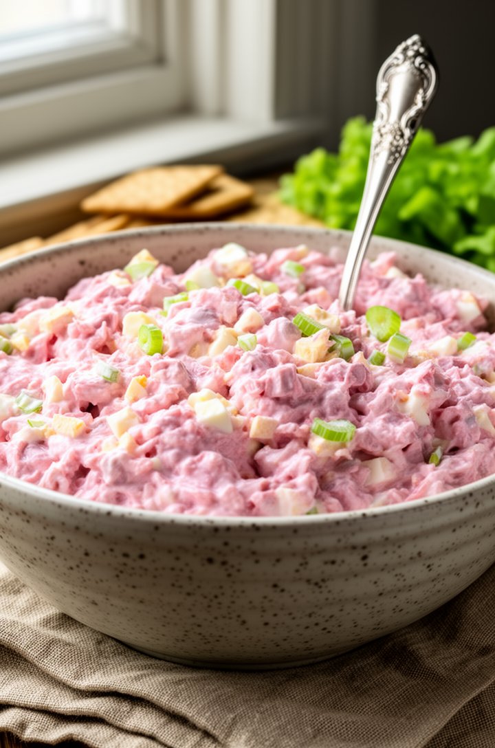 Side-angle close-up of a large speckled ceramic bowl filled with creamy pink ham salad, showing the chunky minced texture with visible flecks of green celery and white egg throughout the creamy mayo c
