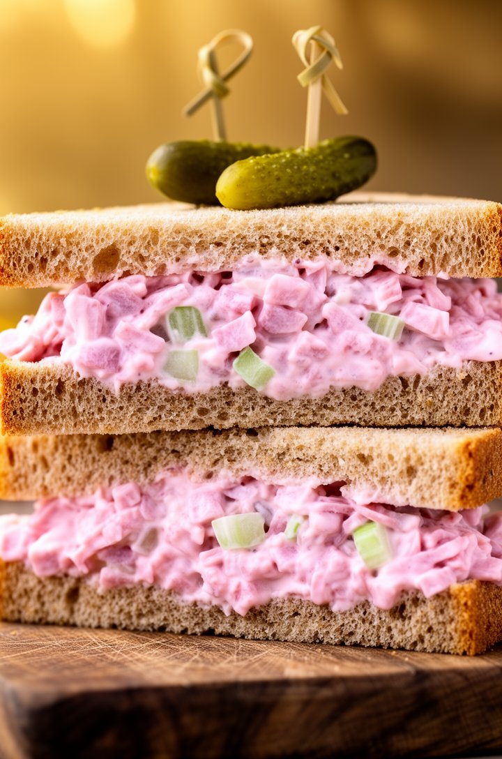 Extreme close-up macro shot of two ham salad sandwiches stacked and cut in half on a rustic wooden cutting board, showing the thick layer of chunky pink ham salad between slices of soft wheat bread, v