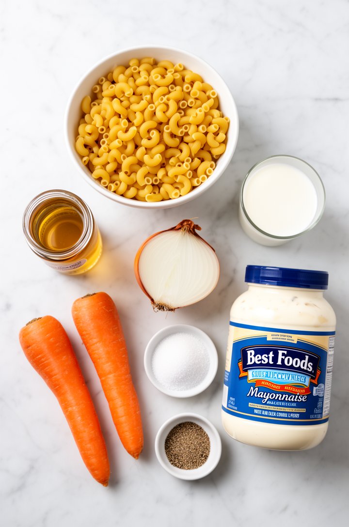 Overhead flat-lay of recipe ingredients arranged on a white marble surface — a bowl of dry elbow macaroni, a small glass jar of apple cider vinegar, two whole carrots, a halved sweet onion, a large ja