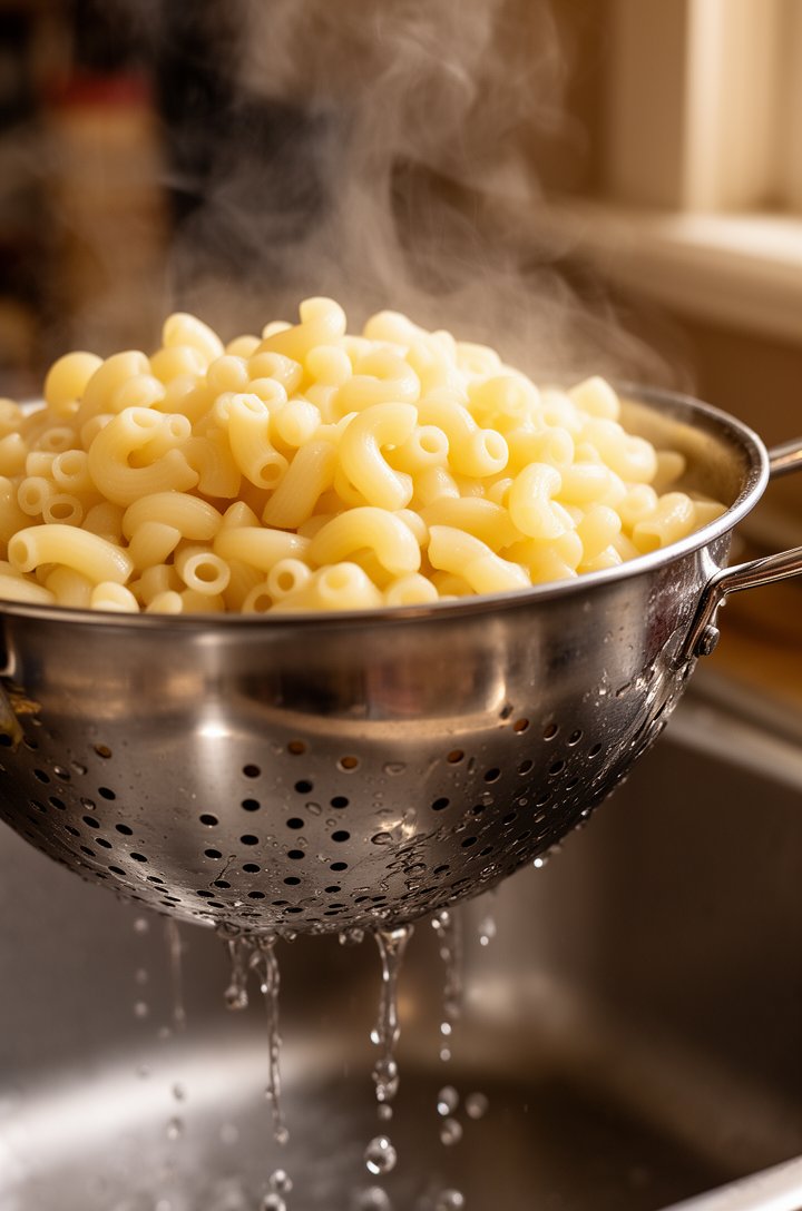 Close-up side-angle shot of very soft overcooked elbow macaroni being drained in a stainless steel colander in a kitchen sink, steam rising from the pale tender noodles, water dripping through, warm k