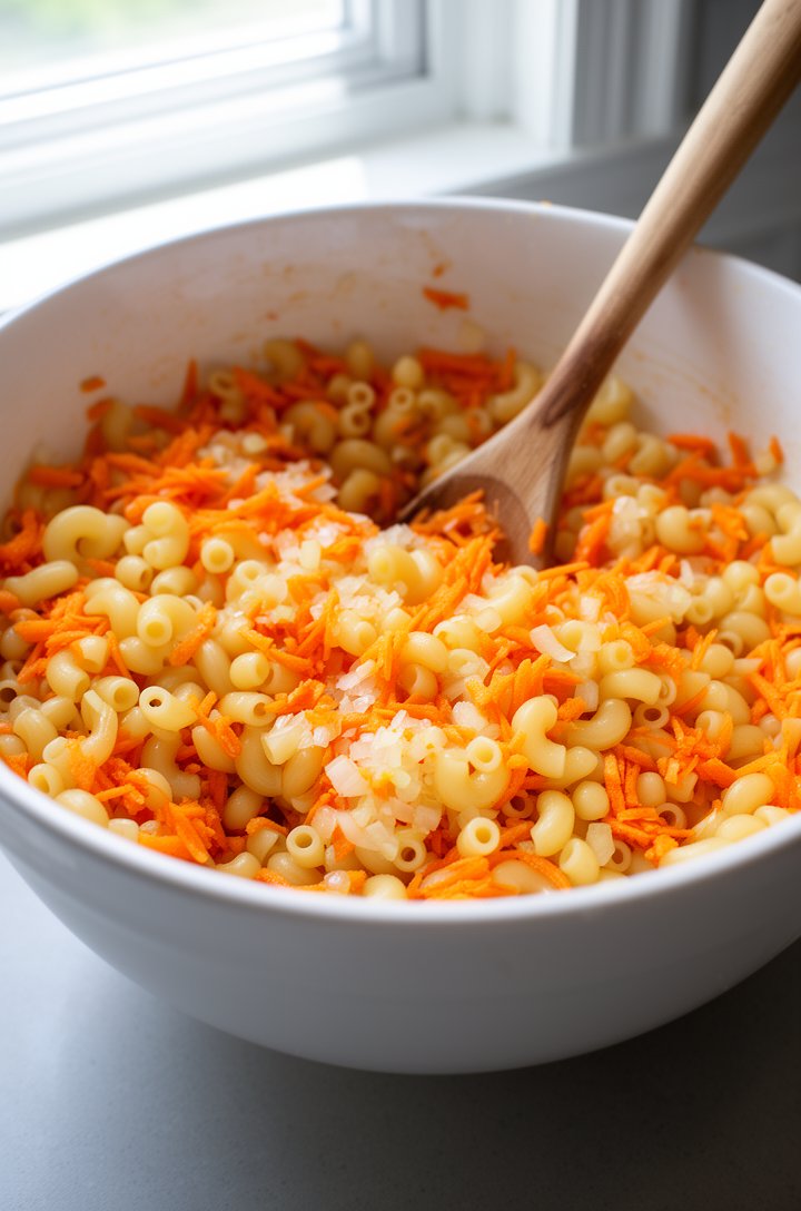 45-degree angle close-up of a large white mixing bowl filled with cooked elbow macaroni tossed with finely shredded orange carrot pieces and tiny bits of grated onion, a wooden spoon resting in the bo