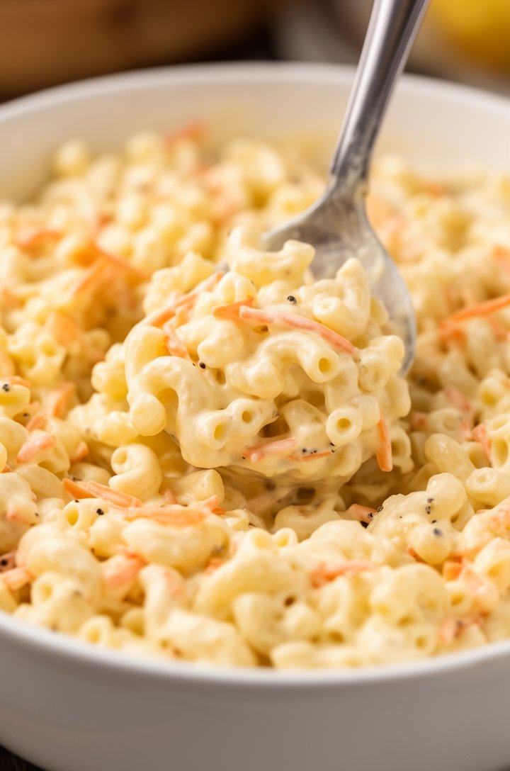 Extreme close-up macro shot of creamy Hawaiian macaroni salad being scooped with a silver serving spoon from a large white ceramic bowl, thick glossy mayo dressing clinging to each soft elbow noodle,