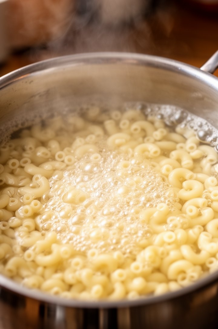 Side-angle shot of a large pot of boiling water with elbow macaroni cooking until very soft, bubbles rising around the pale swollen noodles, stainless steel pot edge visible, steam rising against a blurred kitchen background, warm indoor lighting