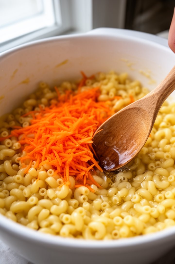 Close-up of warm drained elbow macaroni in a large white mixing bowl being tossed with apple cider vinegar using a wooden spoon, finely shredded orange carrot scattered on top, the pasta glistening slightly from the vinegar, bright natural window light from the left