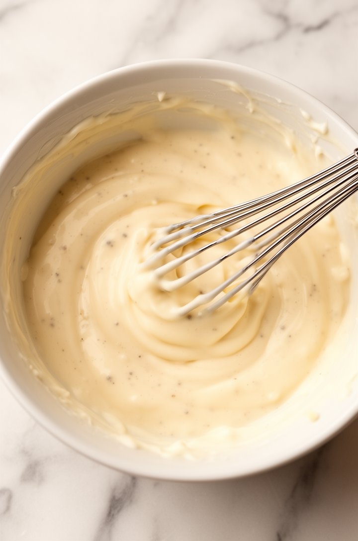Overhead shot of a small white bowl containing creamy mayo dressing being whisked smooth — mayonnaise, milk, sugar, salt, and pepper blended together into a thick pale ivory mixture, a small whisk resting in the bowl, clean white marble surface