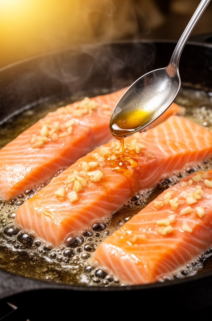 Close-up side-angle shot of four salmon fillets searing skin-side down in a dark cast iron skillet filled with bubbling honey garlic sauce, amber-colored liquid coating the edges of the pink fish, a s