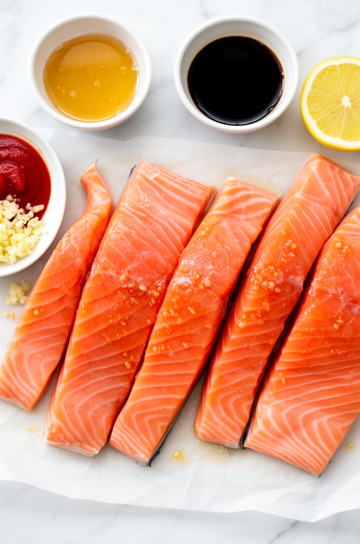 Overhead flat-lay of four raw salmon fillets with coral-pink flesh arranged on parchment paper, surrounded by prep bowls containing golden honey, dark soy sauce, minced garlic, red sriracha, and a halved lemon, bright natural lighting from above, clean white marble surface, crisp focus on the salmon texture