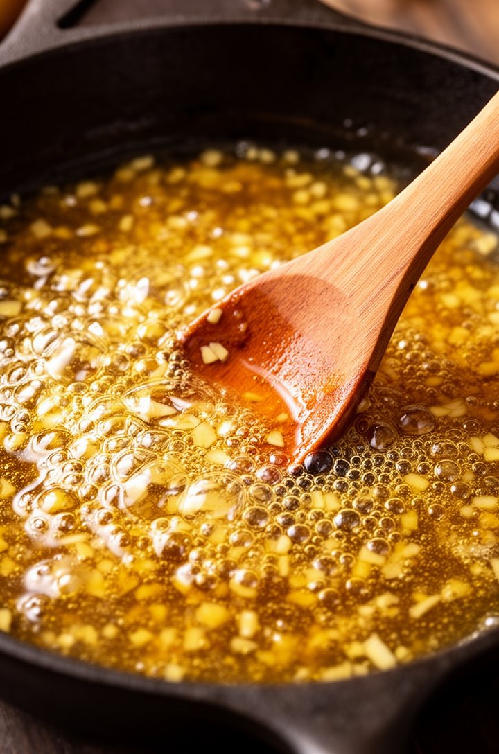Close-up of honey garlic sauce bubbling vigorously in a dark cast iron skillet, golden amber liquid with visible minced garlic pieces, tiny caramel-colored bubbles forming across the surface, a wooden spoon stirring through the center, warm side lighting catching the glossy surface of the sauce