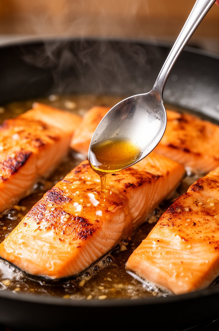 Side-angle close-up of four salmon fillets cooking skin-side down in the skillet submerged in honey garlic sauce, a silver spoon basting amber sauce over the top of the nearest fillet, golden-brown edges developing on the fish, steam rising from the pan, warm kitchen lighting
