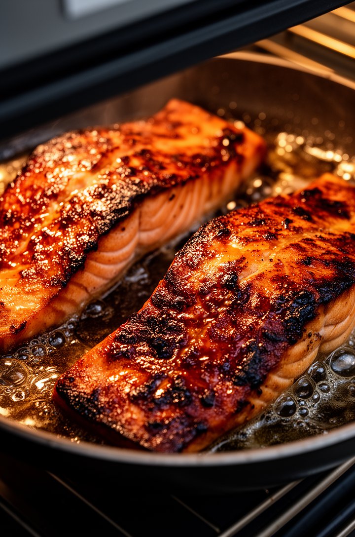 Close-up of the skillet under the broiler through a slightly open oven door, the salmon fillets showing deep mahogany caramelized glaze with visible charred edges and bubbling sauce, the glaze surface crackled and glossy, dramatic oven lighting from above casting warm shadows