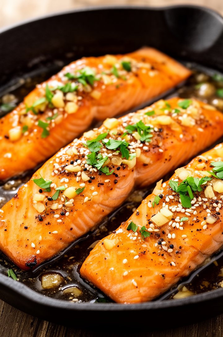 Finished honey garlic salmon in the cast iron skillet, four fillets glistening with thick sticky glaze, specks of black pepper and minced garlic visible on the surface, bright green minced parsley and white sesame seeds scattered on top, warm natural side lighting, shallow depth of field with the front fillet in sharp focus