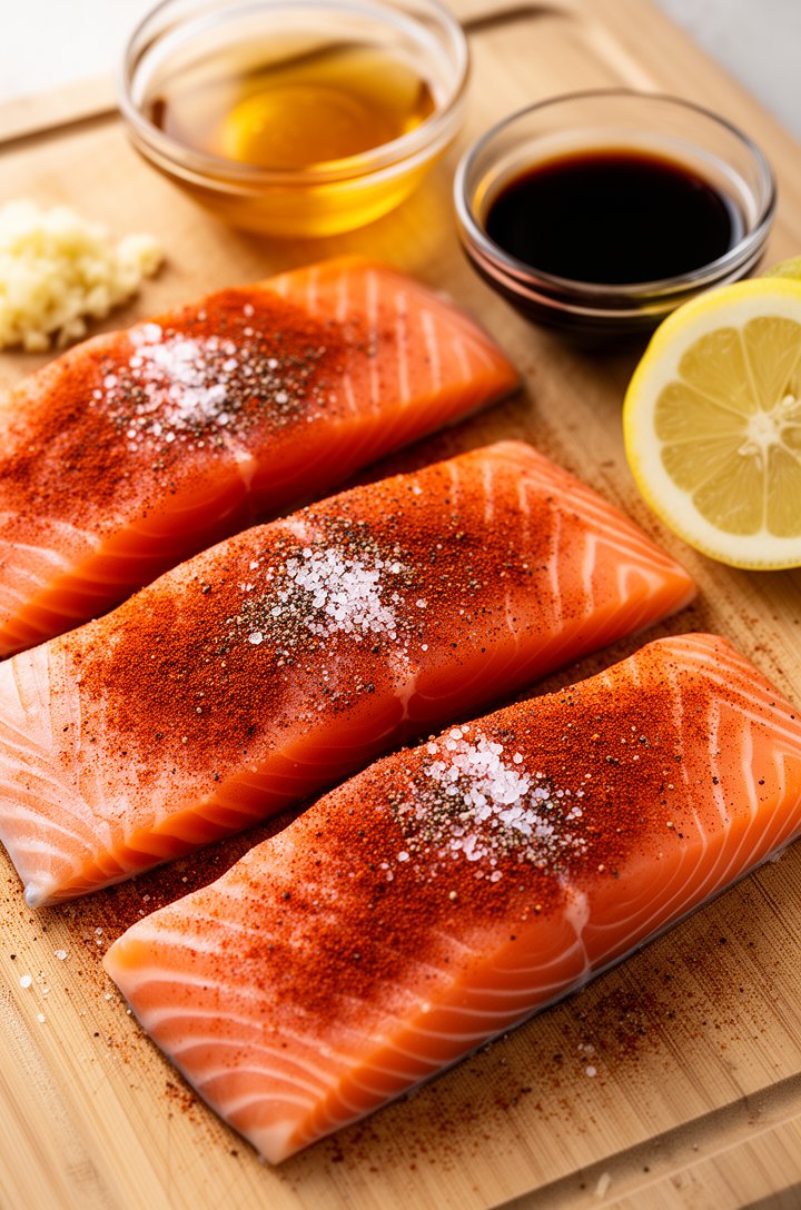 Extreme close-up of four raw salmon fillets on a cutting board seasoned with smoked paprika, salt, and pepper, with small bowls of honey, soy sauce, minced garlic, and lemon juice arranged beside them