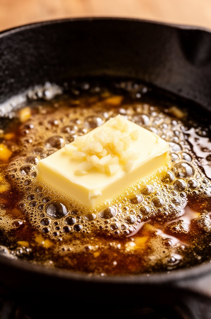 Close-up macro shot of butter melting and foaming in a dark cast iron skillet with minced garlic sizzling in amber honey-soy sauce, bubbling and glistening. Shot from 6 inches away, shallow depth of f