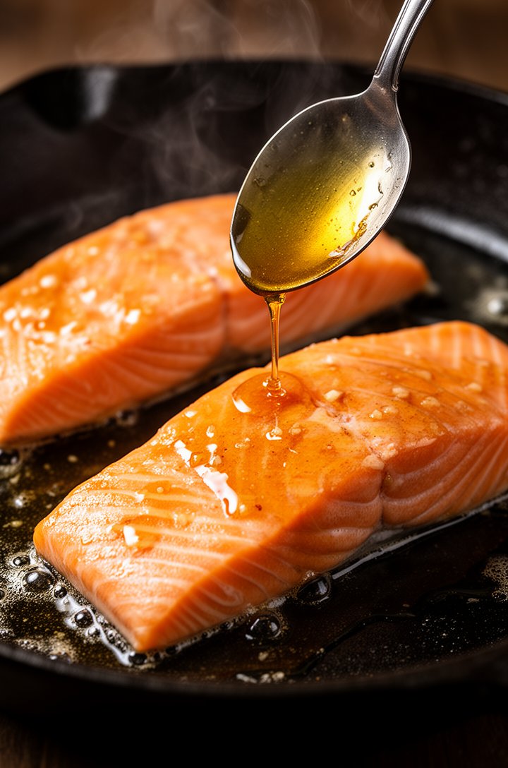 Extreme close-up of salmon fillets searing skin-side down in a cast iron skillet with honey garlic sauce pooling around them, a spoon basting sauce over the top of one fillet. Golden amber glaze visib