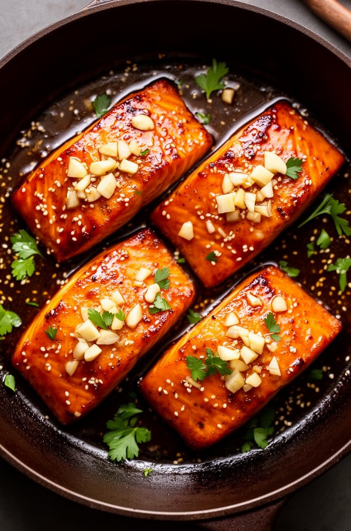 Overhead close-up of four caramelized honey garlic salmon fillets in a dark skillet fresh from the broiler, deep amber-brown lacquered glaze glistening under the light, visible minced garlic pieces on