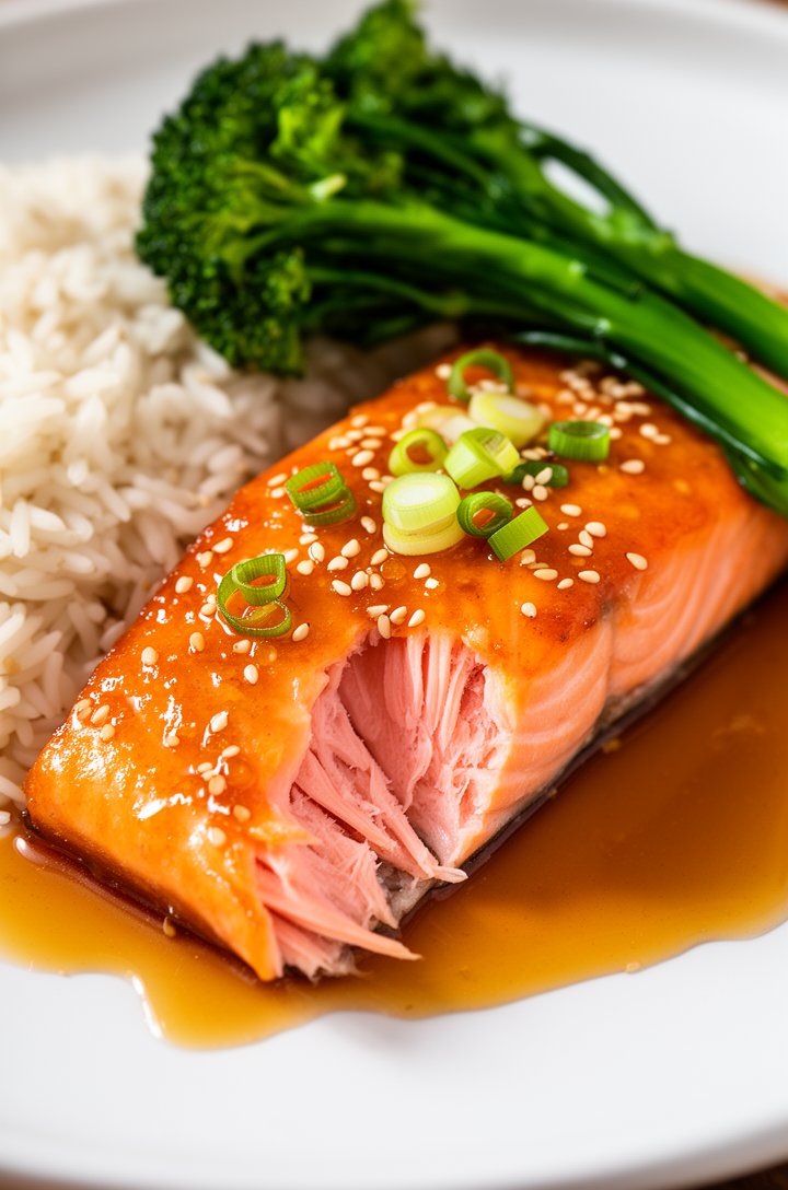 Close-up macro food photography of a single honey garlic glazed salmon fillet on a white plate with steamed jasmine rice and bright green broccolini, amber sauce pooled around the base. One corner of 