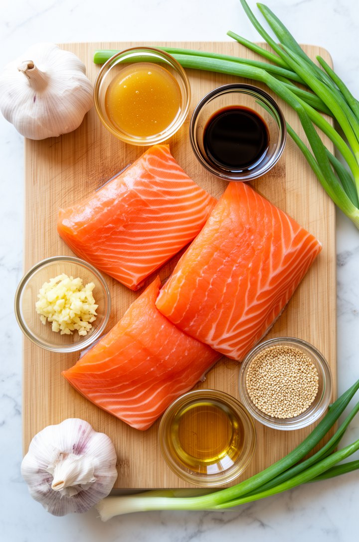 Overhead flat-lay of raw salmon fillets on a wooden cutting board with small glass bowls of honey, soy sauce, minced garlic, rice vinegar, and sesame oil arranged around them, whole garlic bulb and gr