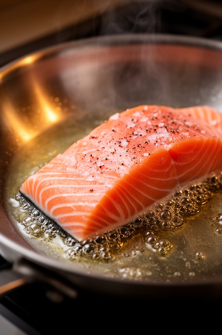 Close-up side-angle shot of a salmon fillet being placed skin-side down into a smoking hot stainless steel skillet, the moment of contact with oil sizzling and tiny bubbles forming around the edges of