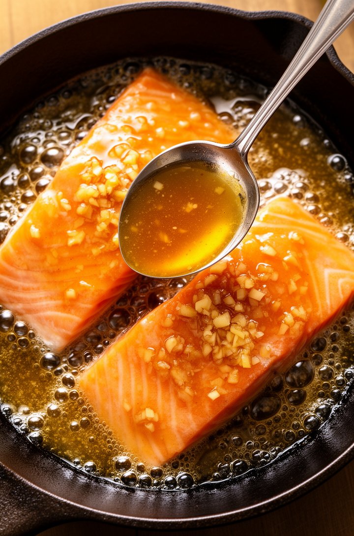 Top-down close-up of honey garlic sauce bubbling vigorously in a dark cast iron skillet around two salmon fillets, the sauce thick and amber-colored with visible minced garlic pieces, the salmon flesh